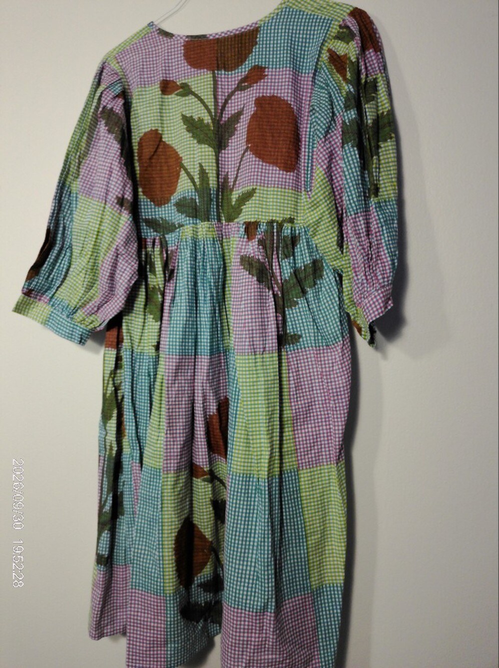 Boho Hand Block Print Patchwork Gingham Midi Dress Small